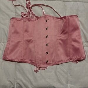 UK22 CORSET STORY PINK SATIN UNDERBUST CORSET